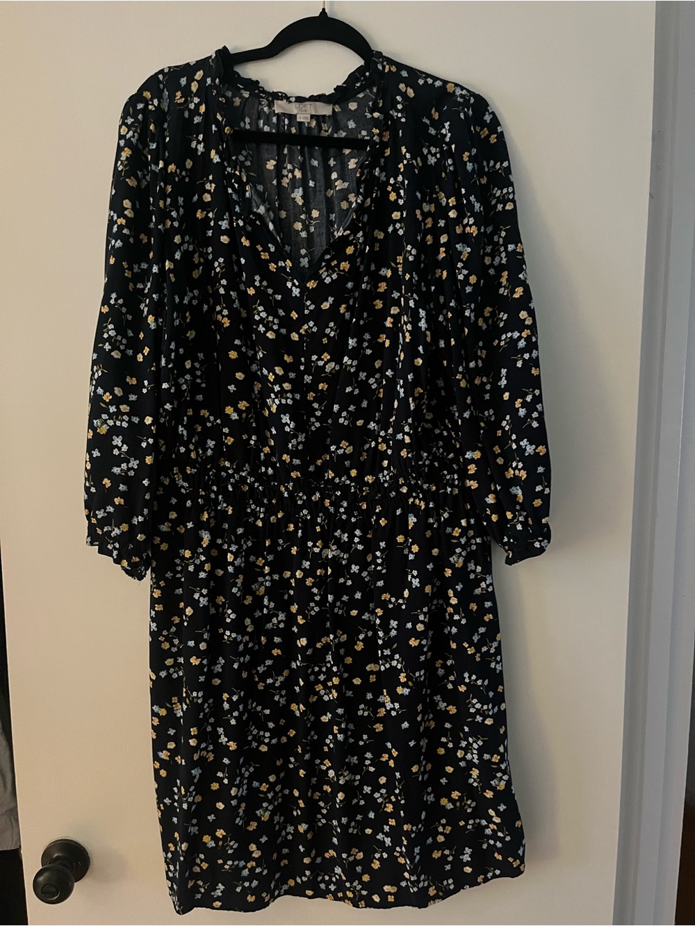 LOFT Navy Midi Dress with Yellow & White Floral Print